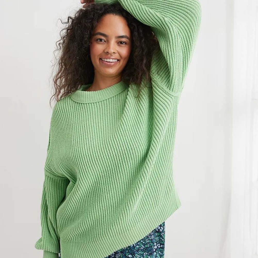 Aerie Green Crew Neck Ribbed Sweater